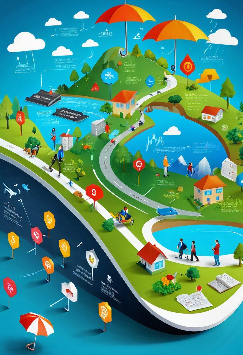 A detailed roadmap winding through a vibrant landscape, with icons representing insurance education, risk assessment, and safety measures along the path. Include diverse people of different ages studying charts and trends on tablets, surrounded by symbols of protection like umbrellas and shields. The setting is both modern and inviting, suggesting a journey towards knowledge and security. colorful infographic style. 3D elements.