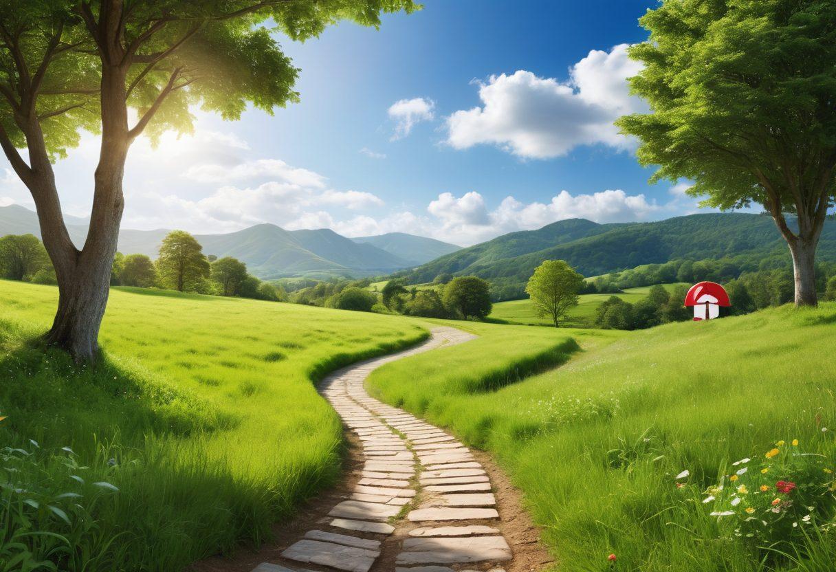 A serene landscape depicting a winding path through a lush green countryside, symbolizing the journey of understanding insurance. Along the path, various signs represent safety coverage and risk reduction, such as a shield, umbrella, and lifebuoy. The sky is bright and clear, suggesting hope and security. Include a diverse group of people discussing their insurance journey together, fostering a sense of community and support. vibrant colors. super-realistic. nature-inspired.
