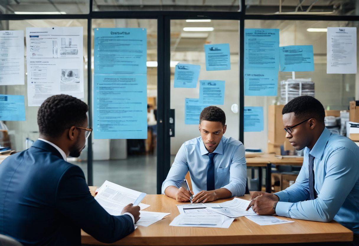A visually striking collage depicting a variety of loss prevention strategies, such as a security camera, a locked door, and an insurance policy document. Illustrate a diverse group of professionals (including a retail manager, a warehouse worker, and a risk manager) discussing strategies around a table, symbolizing teamwork in loss prevention. Use a blend of calming blue tones and bold statistics in the background to emphasize the importance of liability coverage. super-realistic. vibrant colors. professional setting.